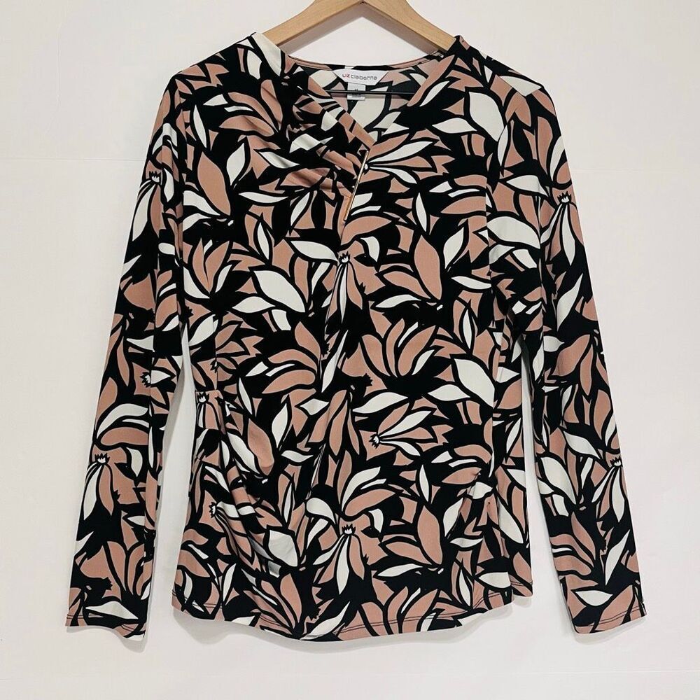 Liz Claiborne Long Sleeve Blouse Black, White And Blush Floral Pattern Size M